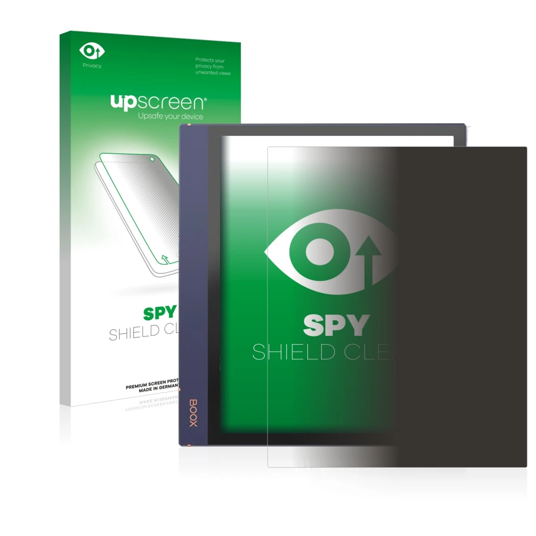 Parte frontal de un envase de producto con el logotipo de la marca upscreen. Al lado se muestra el dispositivo Boox Note Air 2