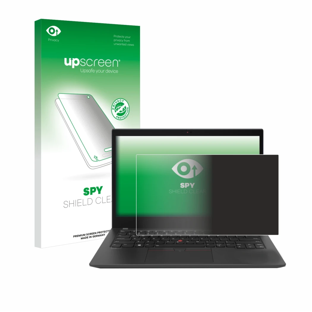 Parte frontal de un envase de producto con el logotipo de la marca upscreen. Al lado se muestra el dispositivo Lenovo ThinkPad