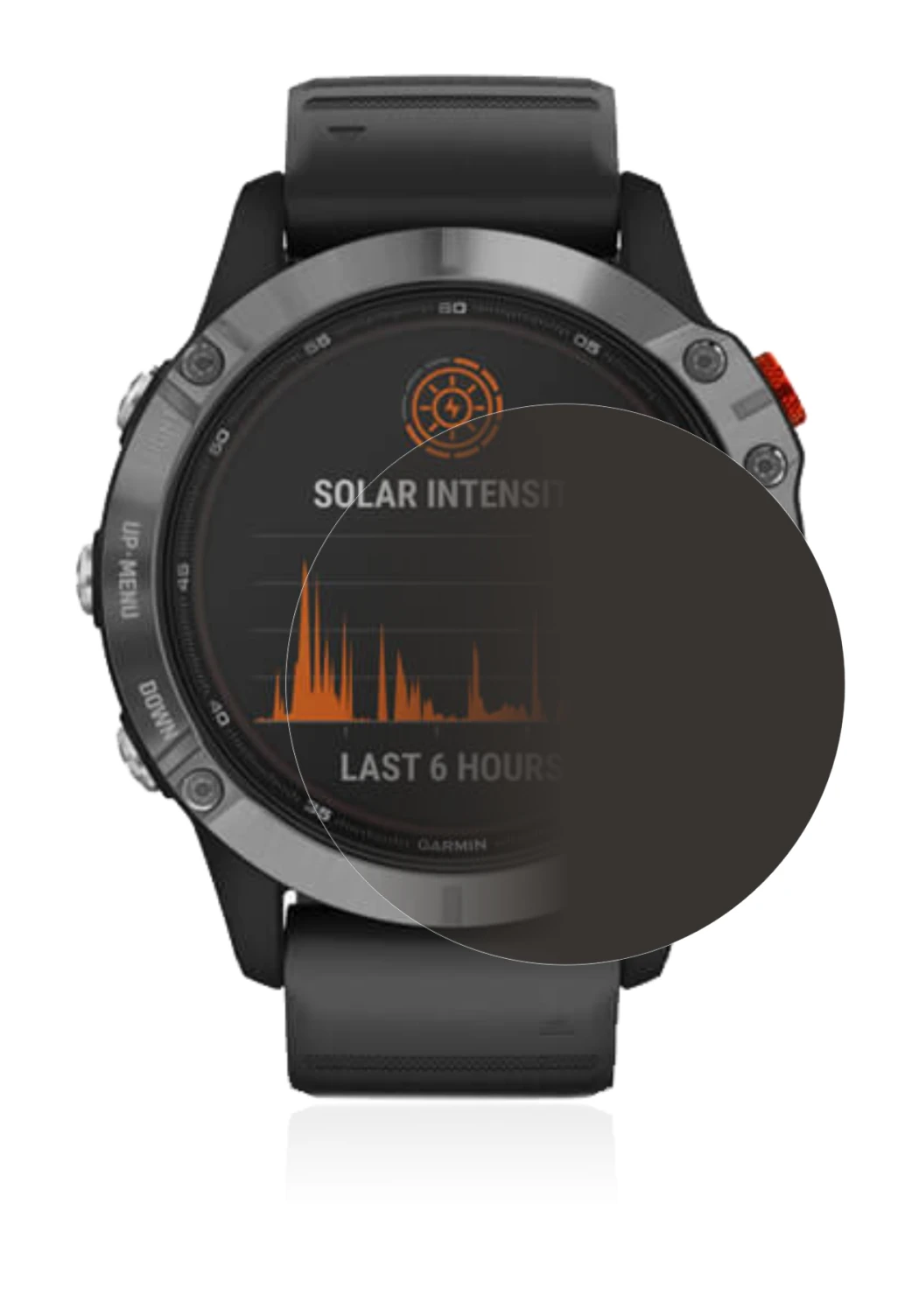 Imagen del dispositivo Garmin Fenix 6 Solar con una amplia variedad de protectores de pantalla.