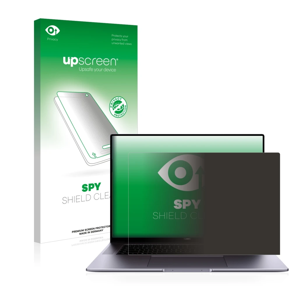 Parte frontal de un envase de producto con el logotipo de la marca upscreen. Al lado se muestra el dispositivo Huawei MateBook