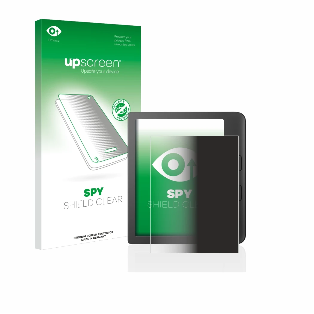 Parte frontal de un envase de producto con el logotipo de la marca upscreen. Al lado se muestra el dispositivo Tolino Vision 6