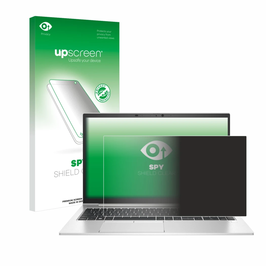 Parte frontal de un envase de producto con el logotipo de la marca upscreen. Al lado se muestra el dispositivo HP EliteBook 85