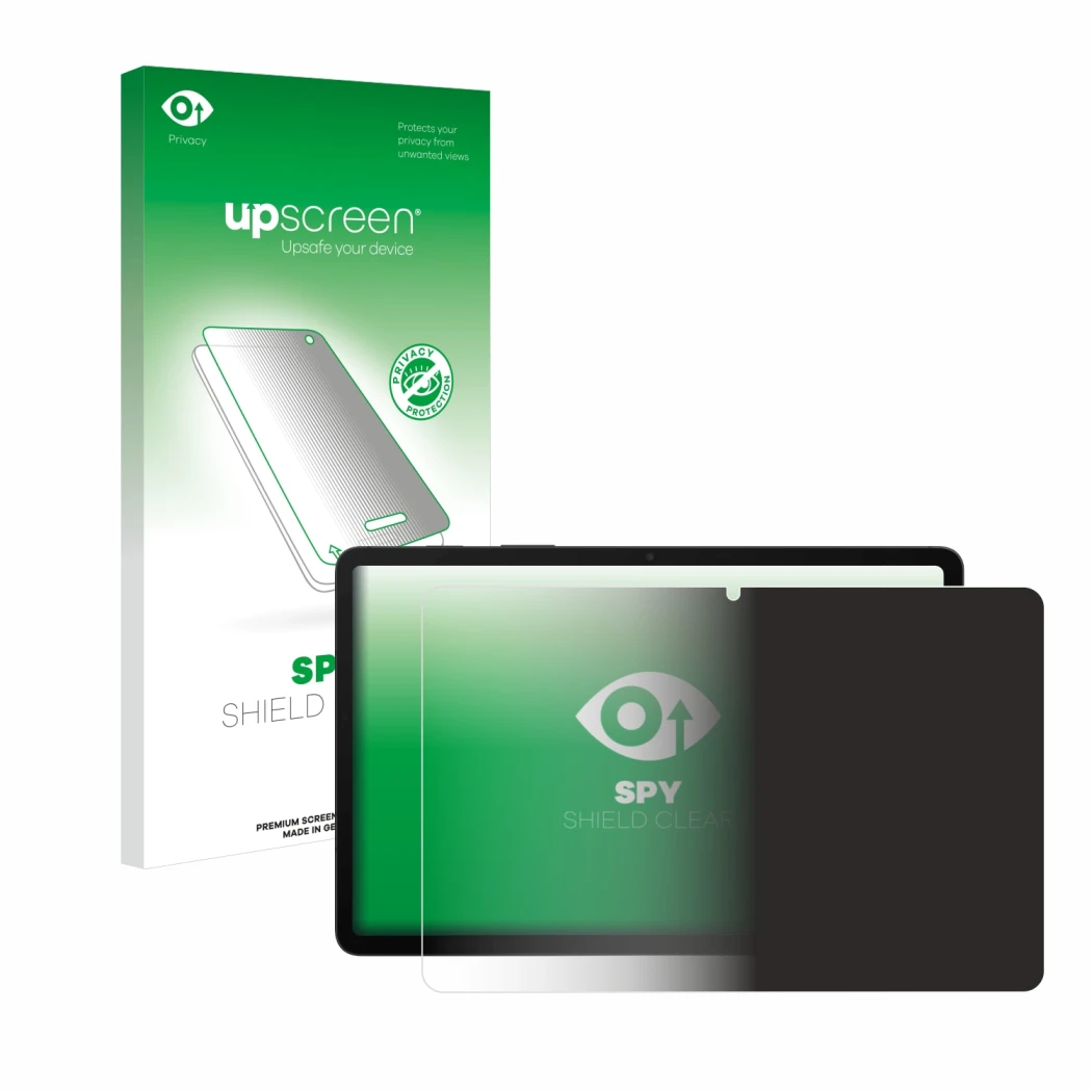 Parte frontal de un envase de producto con el logotipo de la marca upscreen. Al lado se muestra el dispositivo Samsung Galaxy 