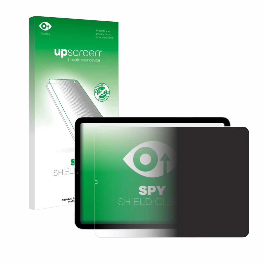 Parte frontal de un envase de producto con el logotipo de la marca upscreen. Al lado se muestra el dispositivo Apple iPad Air 
