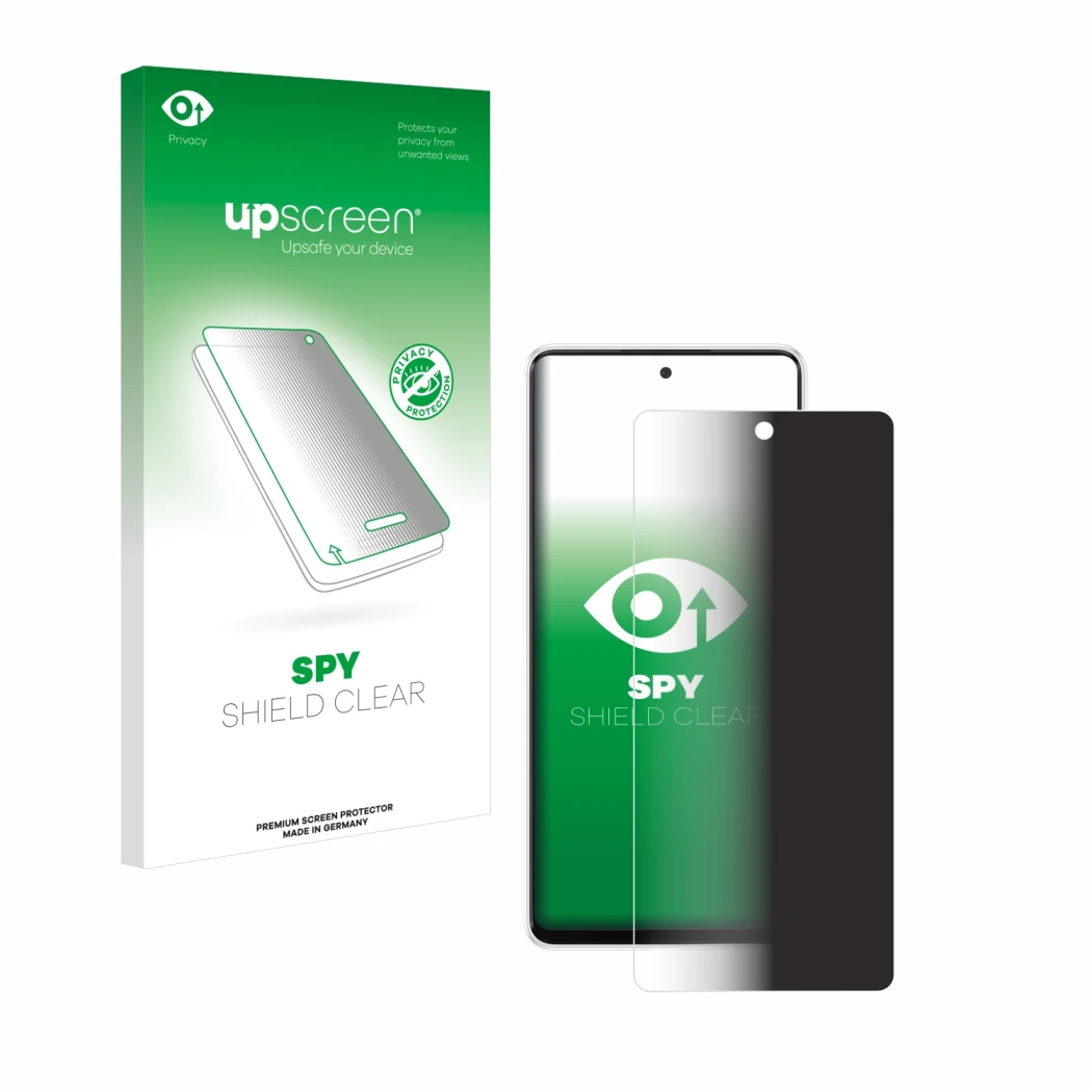Parte frontal de un envase de producto con el logotipo de la marca upscreen. Al lado se muestra el dispositivo Samsung Galaxy 