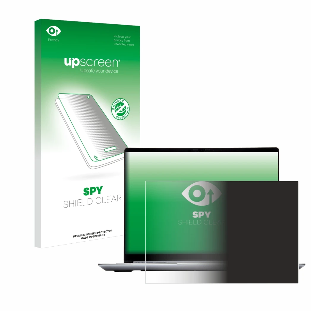 Parte frontal de un envase de producto con el logotipo de la marca upscreen. Al lado se muestra el dispositivo Framework Lapto