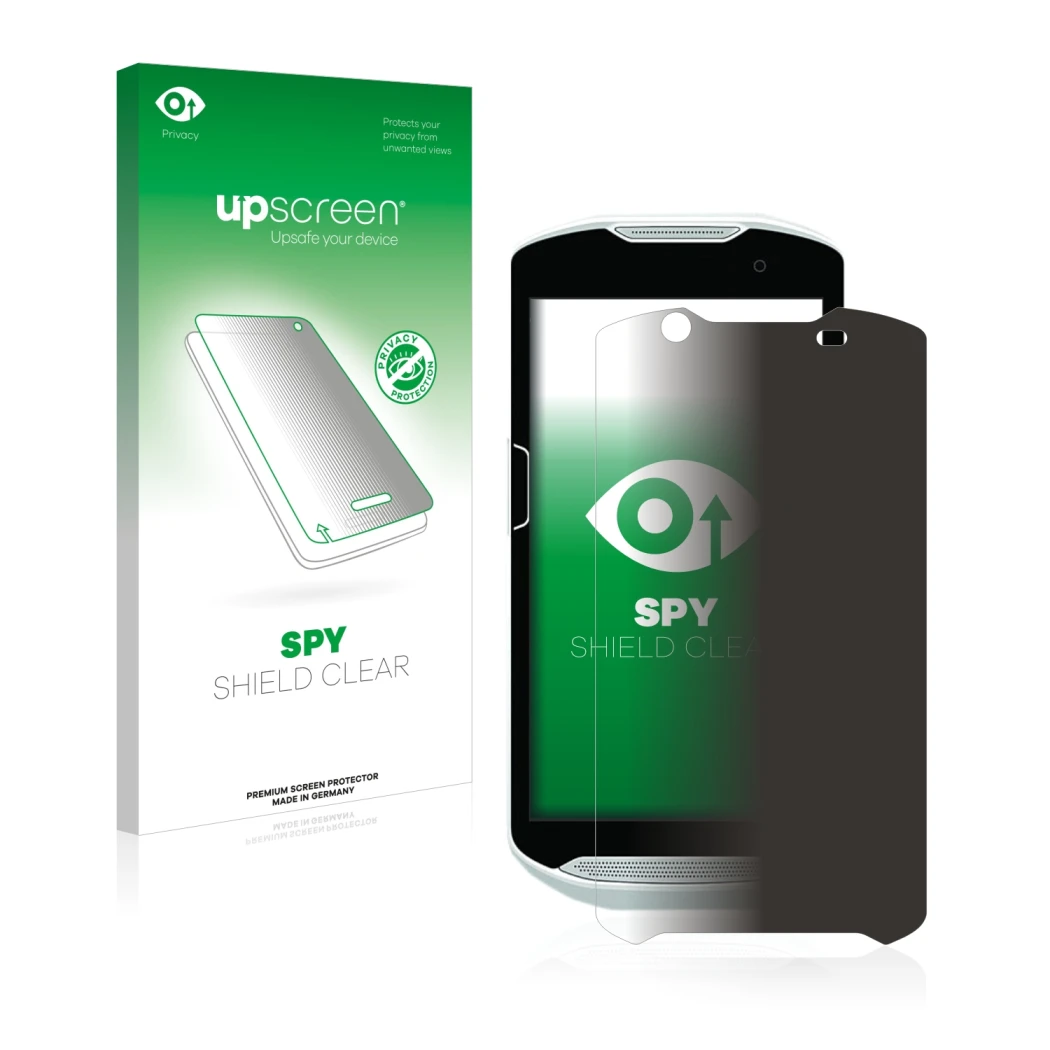 Parte frontal de un envase de producto con el logotipo de la marca upscreen. Al lado se muestra el dispositivo Zebra TC52 con