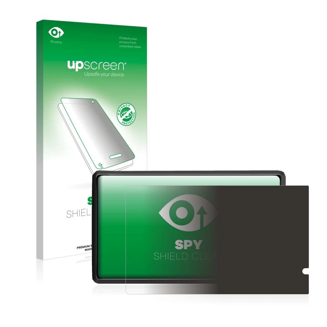 Parte frontal de un envase de producto con el logotipo de la marca upscreen. Al lado se muestra el dispositivo Pritom L8 con s