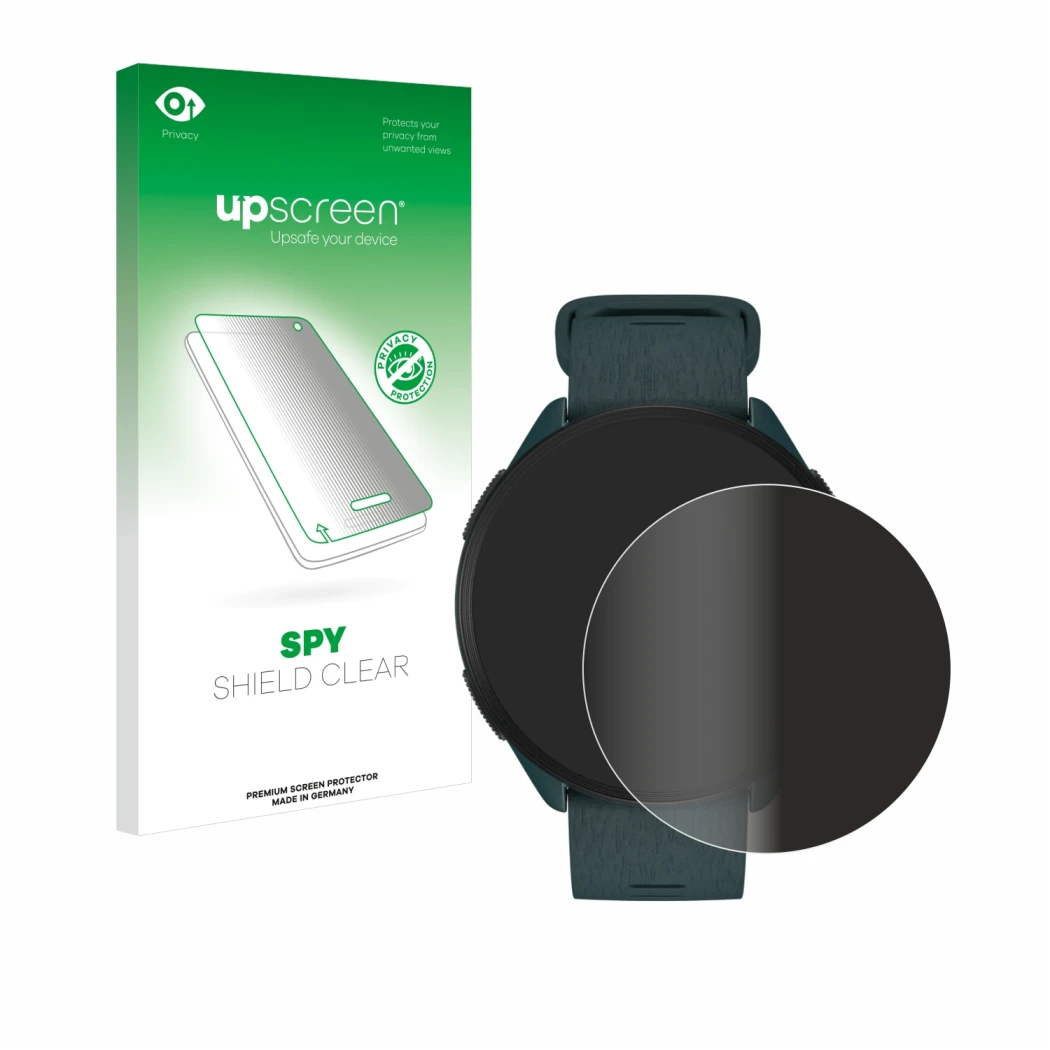 Parte frontal de un envase de producto con el logotipo de la marca upscreen. Al lado se muestra el dispositivo Polar Pacer con