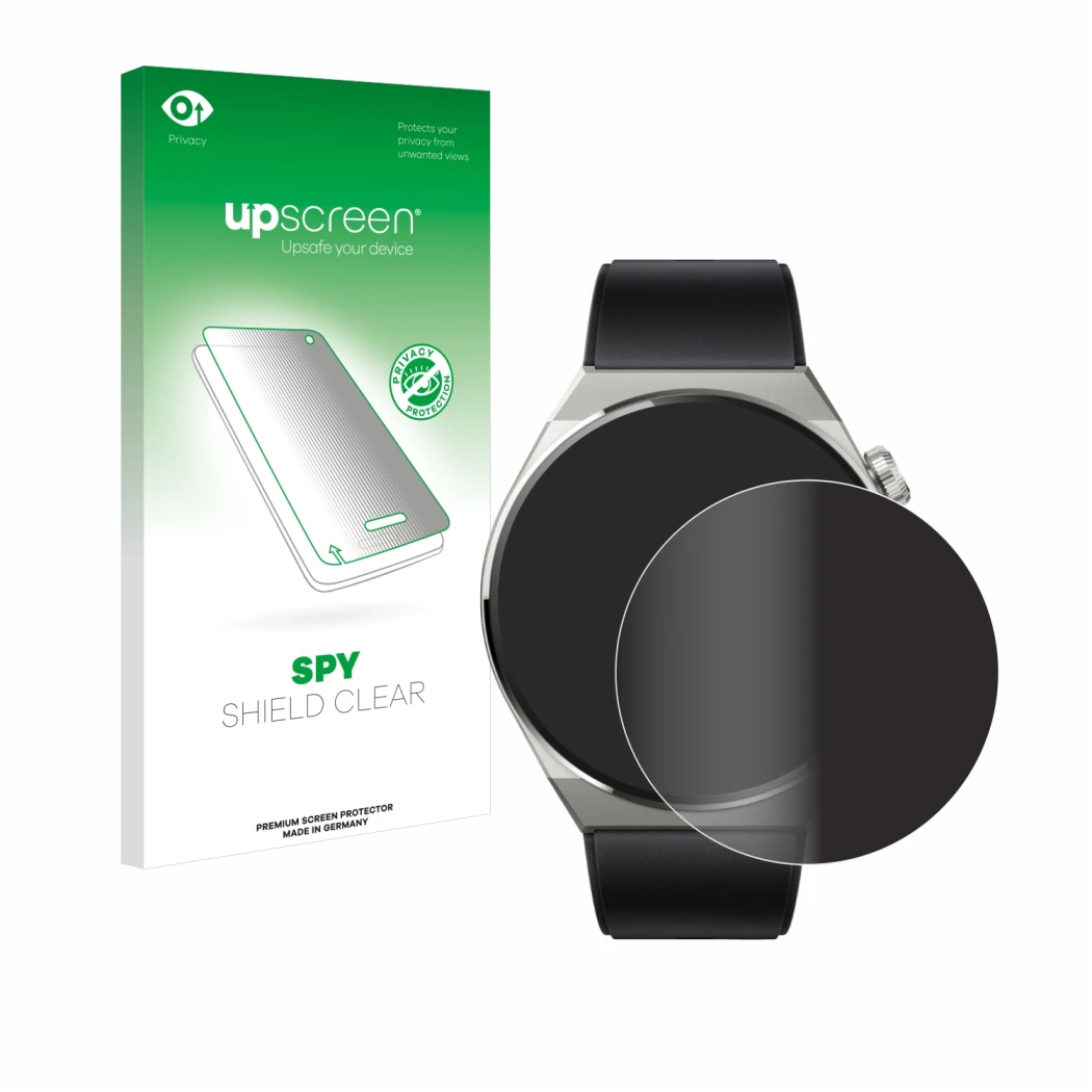 Parte frontal de un envase de producto con el logotipo de la marca upscreen. Al lado se muestra el dispositivo Huawei Watch GT