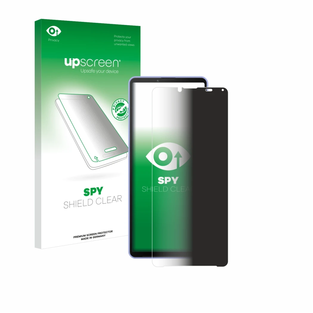 Parte frontal de un envase de producto con el logotipo de la marca upscreen. Al lado se muestra el dispositivo Sony Xperia 10 