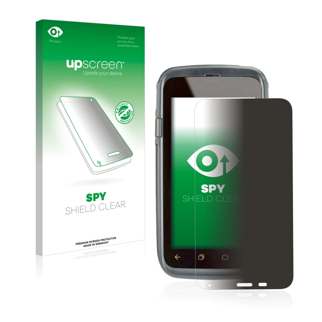 Parte frontal de un envase de producto con el logotipo de la marca upscreen. Al lado se muestra el dispositivo Honeywell Dolph