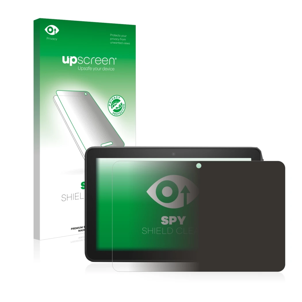 Parte frontal de un envase de producto con el logotipo de la marca upscreen. Al lado se muestra el dispositivo Amazon Fire 7 2