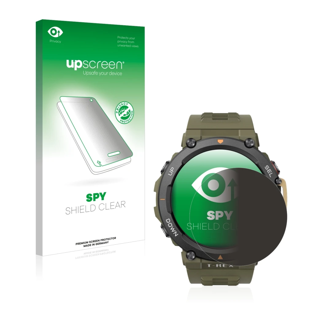 Parte frontal de un envase de producto con el logotipo de la marca upscreen. Al lado se muestra el dispositivo Huami Amazfit T