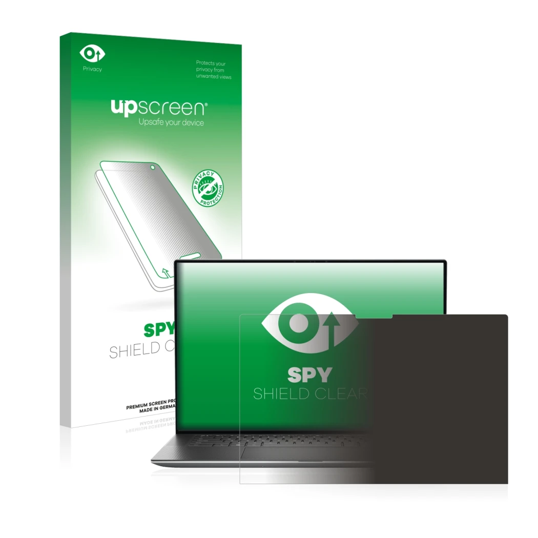 Parte frontal de un envase de producto con el logotipo de la marca upscreen. Al lado se muestra el dispositivo Dell Precision