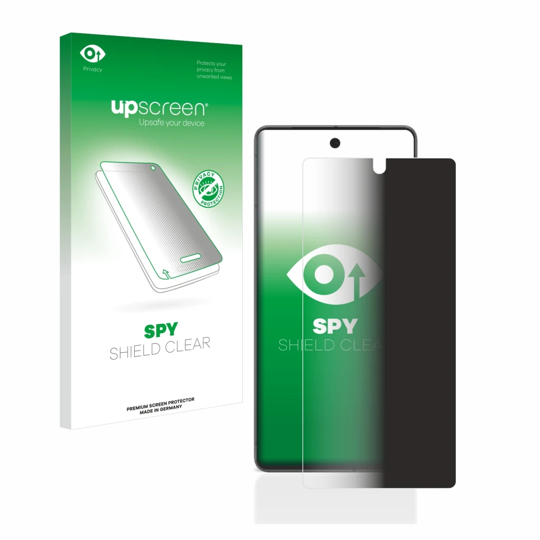 Parte frontal de un envase de producto con el logotipo de la marca upscreen. Al lado se muestra el dispositivo Google Pixel 7 