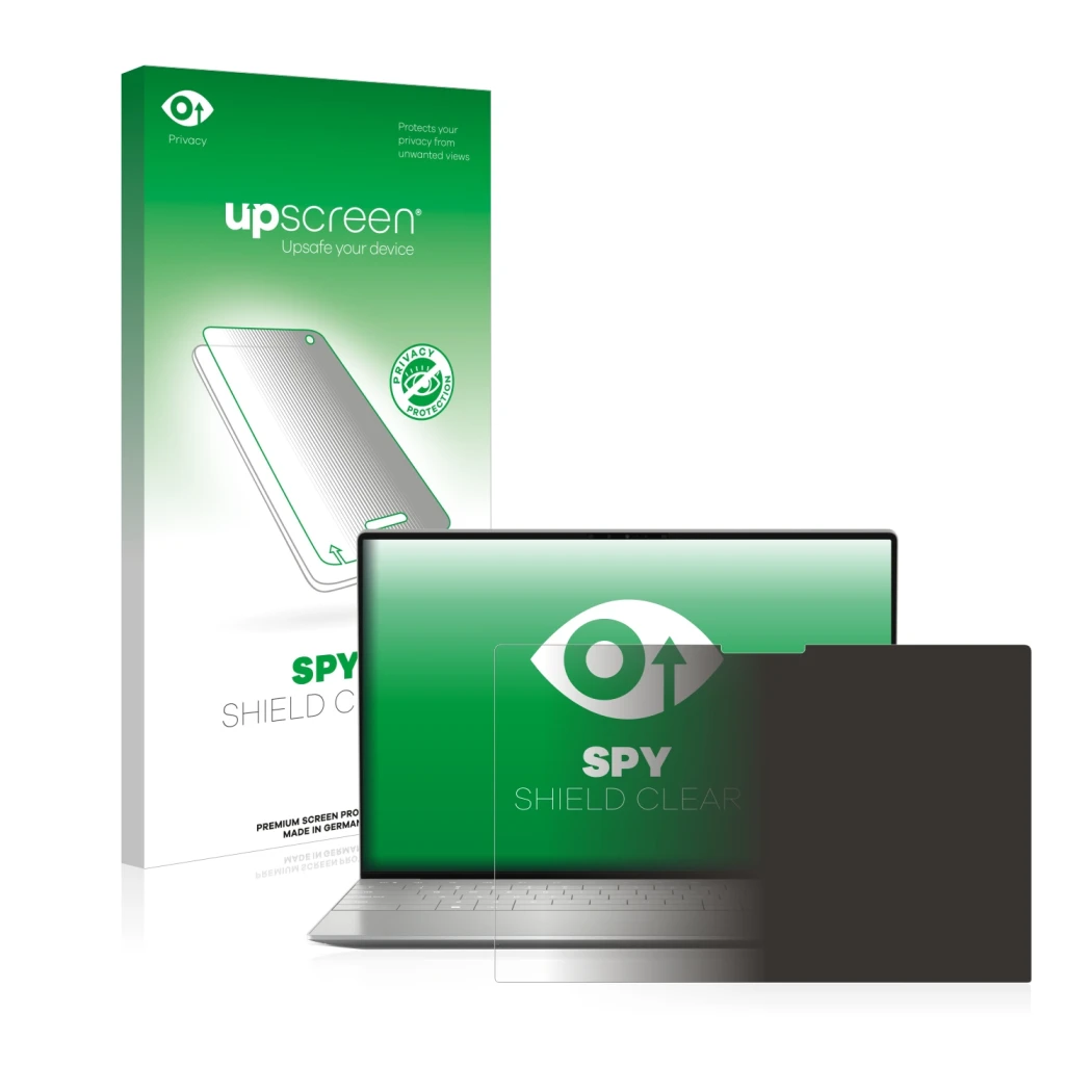 Parte frontal de un envase de producto con el logotipo de la marca upscreen. Al lado se muestra el dispositivo Dell XPS 13 Plu