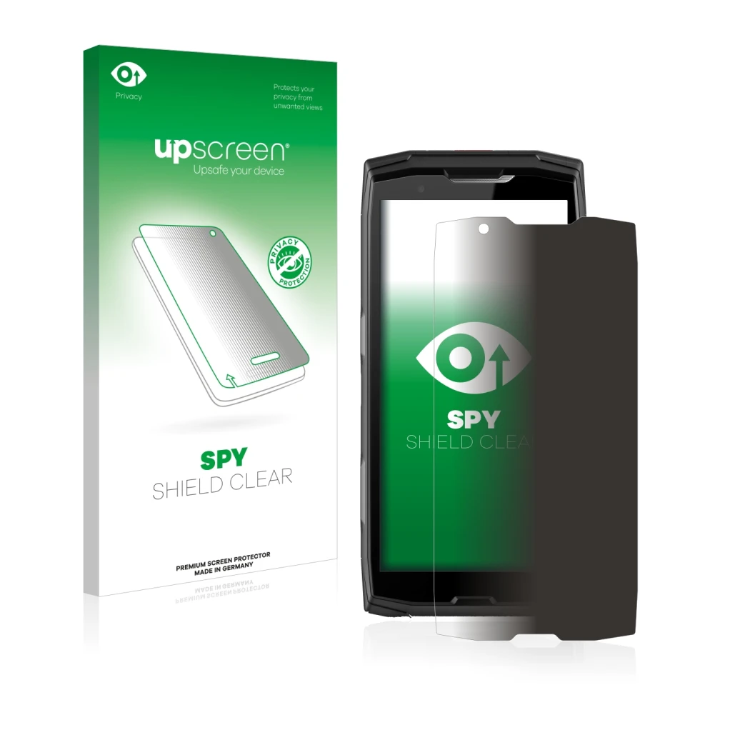 Parte frontal de un envase de producto con el logotipo de la marca upscreen. Al lado se muestra el dispositivo Crosscall Core-