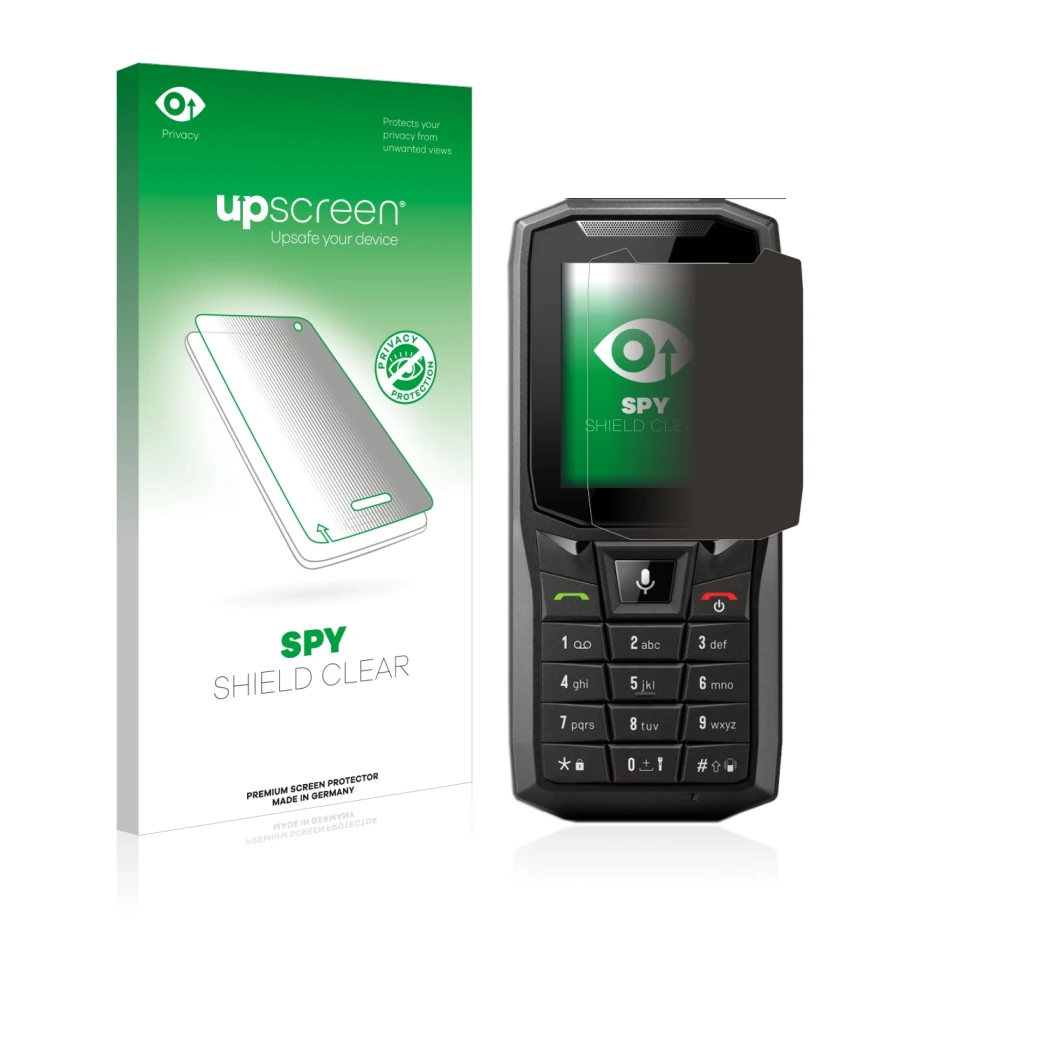 Parte frontal de un envase de producto con el logotipo de la marca upscreen. Al lado se muestra el dispositivo Crosscall Core-