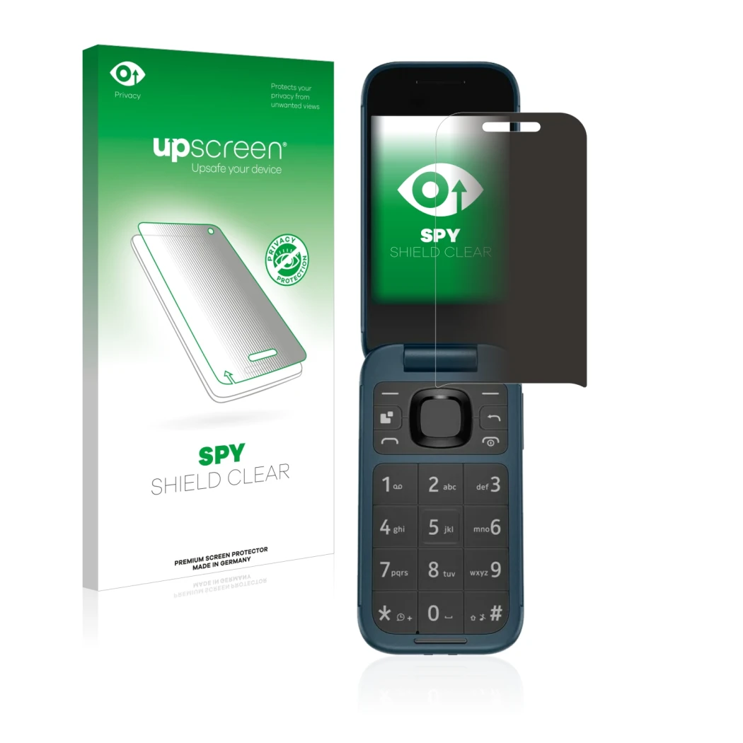 Parte frontal de un envase de producto con el logotipo de la marca upscreen. Al lado se muestra el dispositivo Nokia 2660 Flip