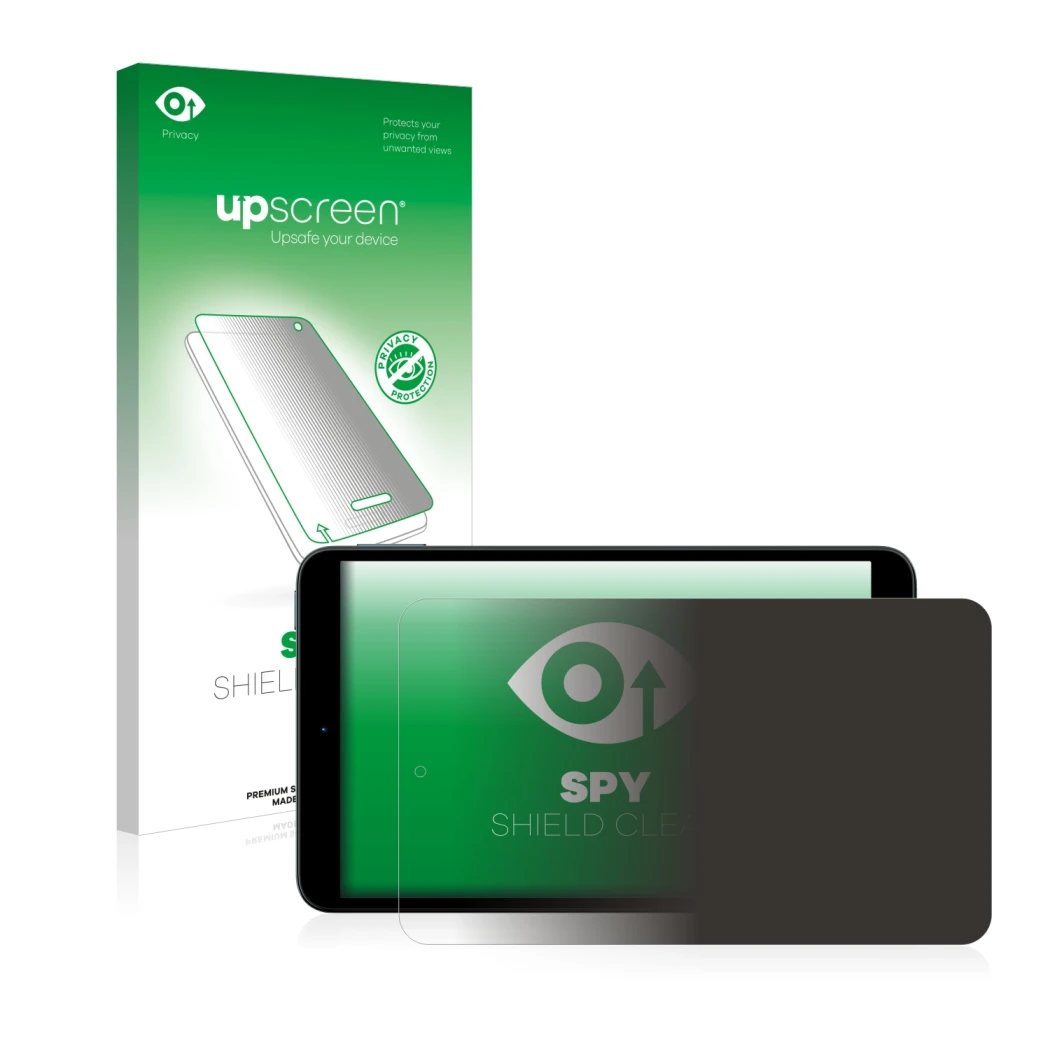 Parte frontal de un envase de producto con el logotipo de la marca upscreen. Al lado se muestra el dispositivo Nokia T10 con s