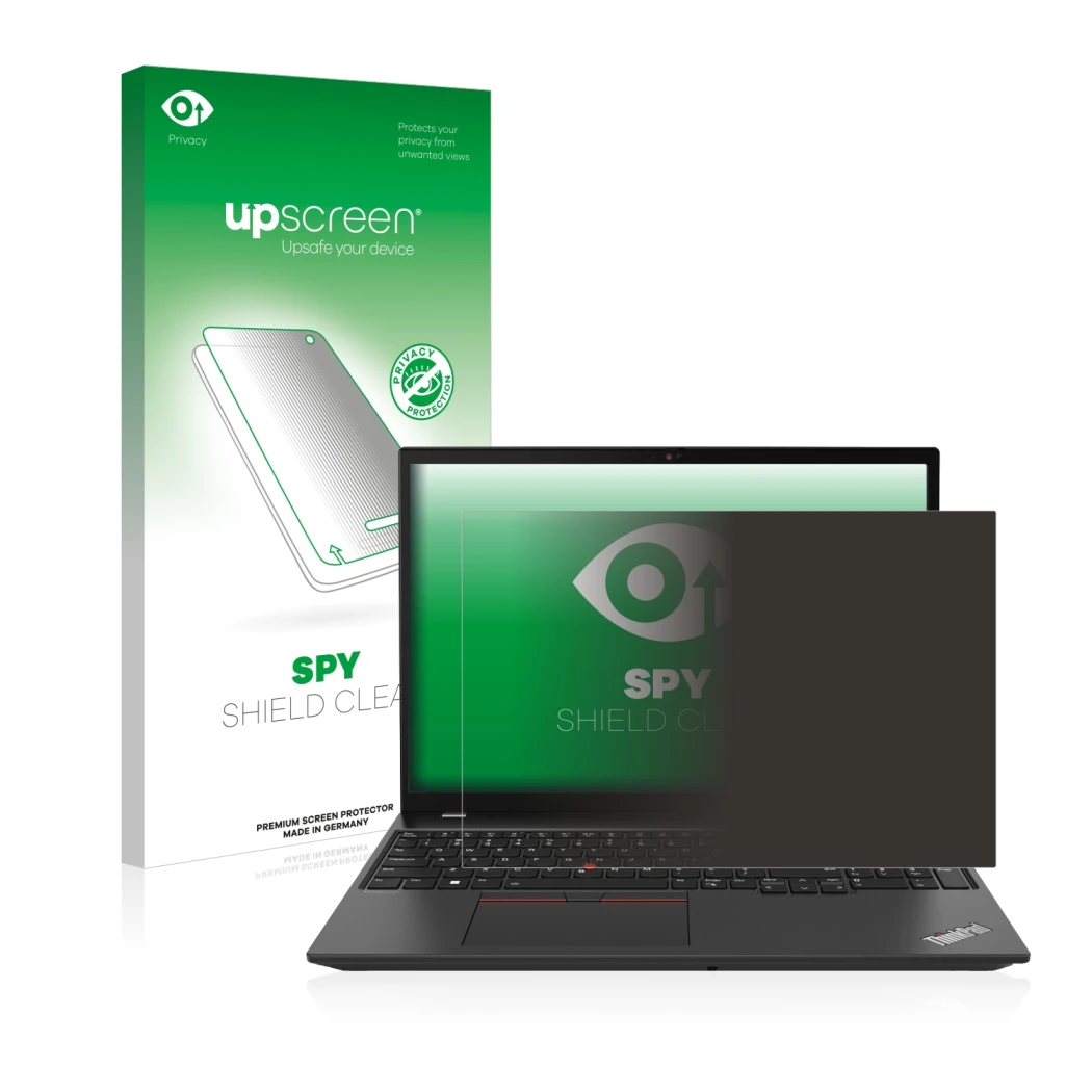 Parte frontal de un envase de producto con el logotipo de la marca upscreen. Al lado se muestra el dispositivo Lenovo ThinkPad