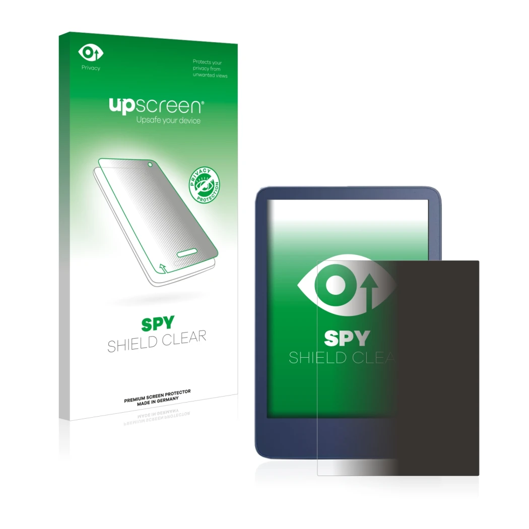 Parte frontal de un envase de producto con el logotipo de la marca upscreen. Al lado se muestra el dispositivo Amazon Kindle R