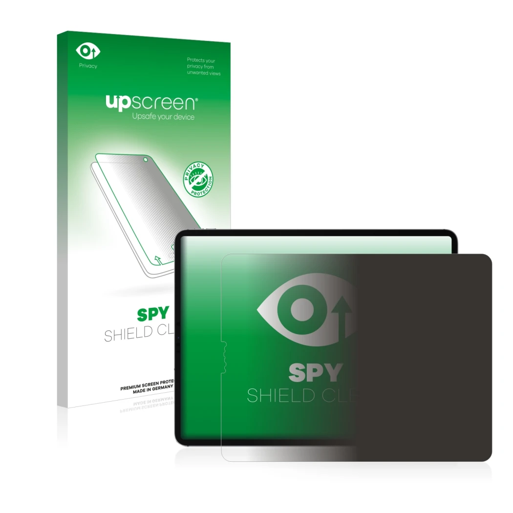 Parte frontal de un envase de producto con el logotipo de la marca upscreen. Al lado se muestra el dispositivo Apple iPad Pro 