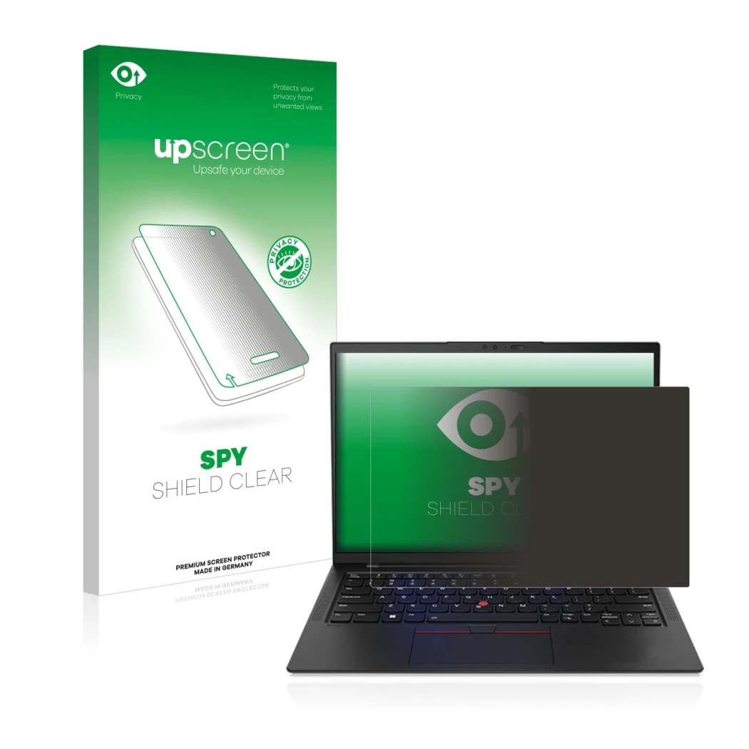 Parte frontal de un envase de producto con el logotipo de la marca upscreen. Al lado se muestra el dispositivo Lenovo ThinkPad