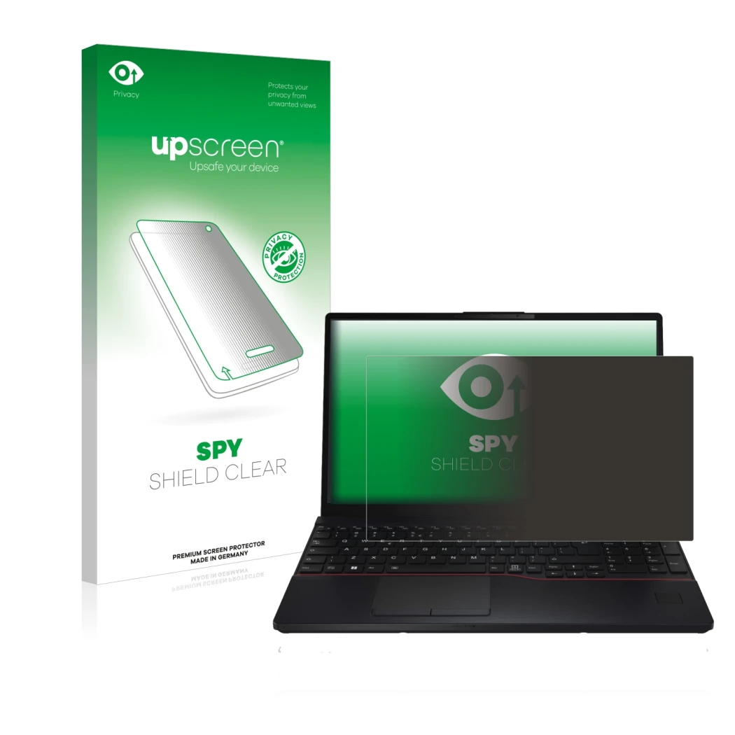 Parte frontal de un envase de producto con el logotipo de la marca upscreen. Al lado se muestra el dispositivo Fujitsu Lifeboo