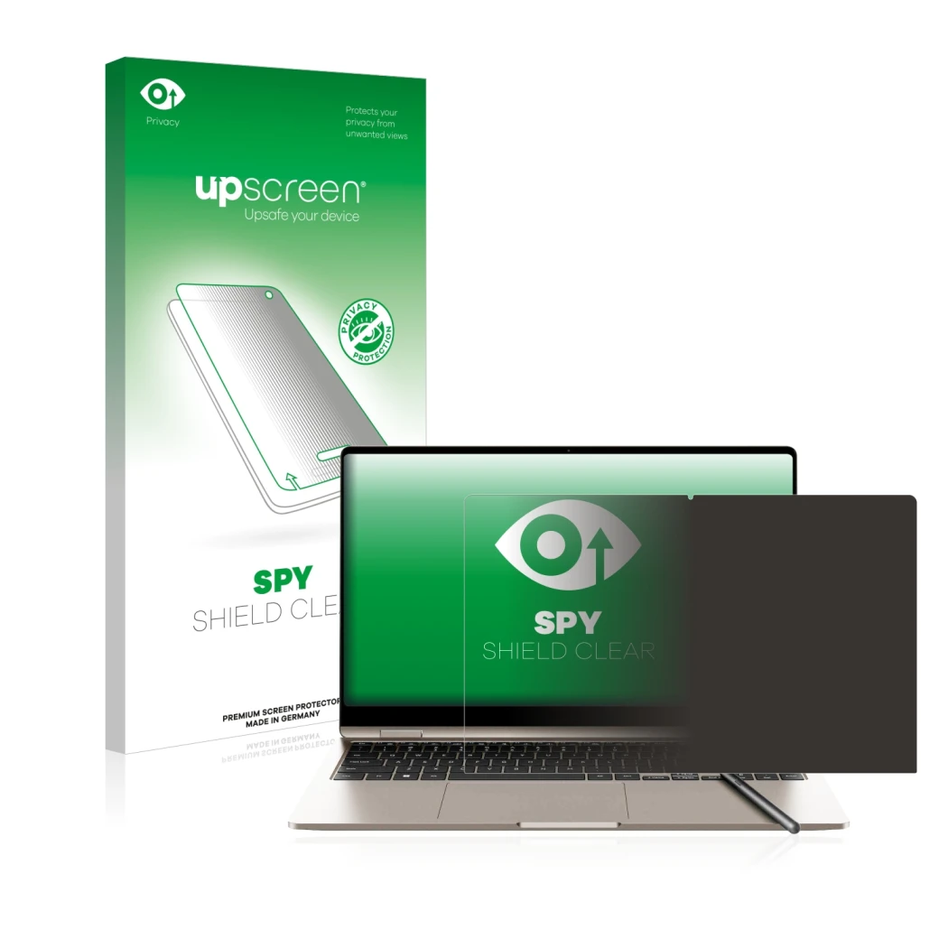 Parte frontal de un envase de producto con el logotipo de la marca upscreen. Al lado se muestra el dispositivo Samsung Galaxy 