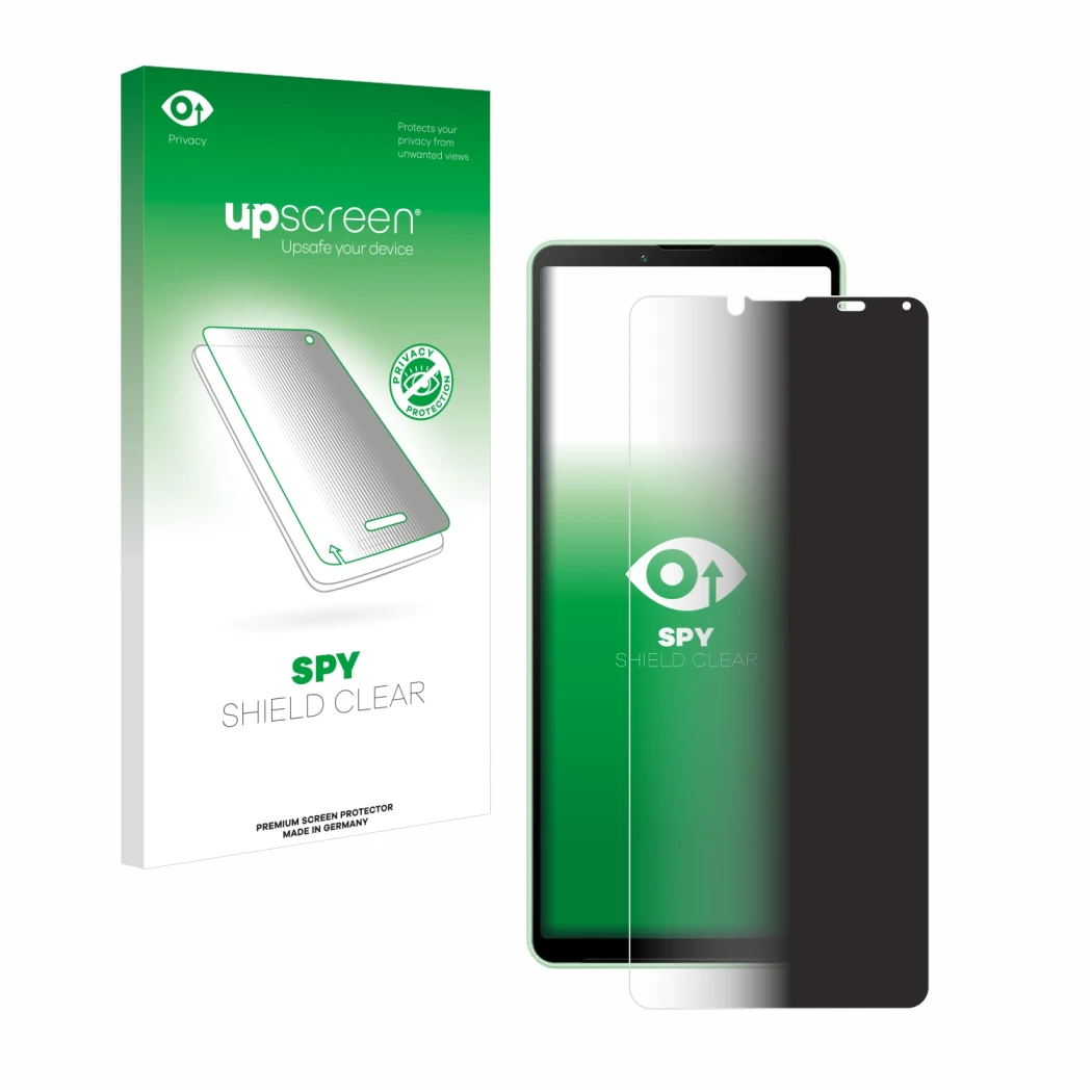 Parte frontal de un envase de producto con el logotipo de la marca upscreen. Al lado se muestra el dispositivo Sony Xperia 10 