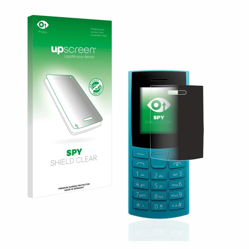 Parte frontal de un envase de producto con el logotipo de la marca upscreen. Al lado se muestra el dispositivo Nokia 105 4G (2