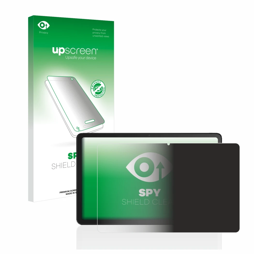 Parte frontal de un envase de producto con el logotipo de la marca upscreen. Al lado se muestra el dispositivo Amazon Fire Max