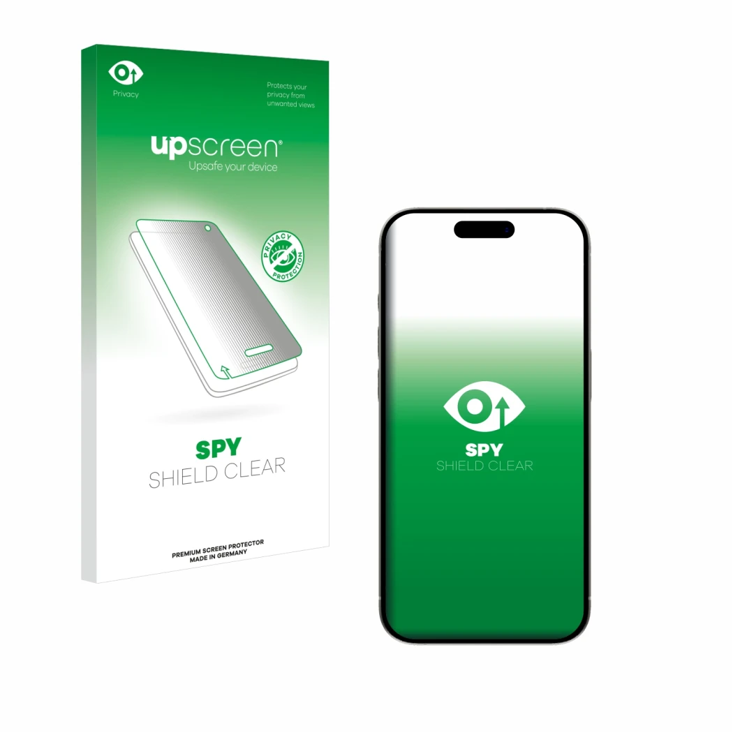 Parte frontal de un envase de producto con el logotipo de la marca upscreen. Al lado se muestra el dispositivo Apple iPhone 15