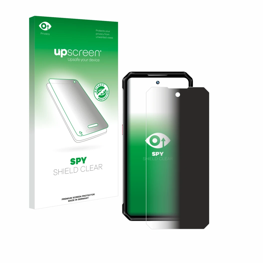 Parte frontal de un envase de producto con el logotipo de la marca upscreen. Al lado se muestra el dispositivo Oukitel WP21 Ul