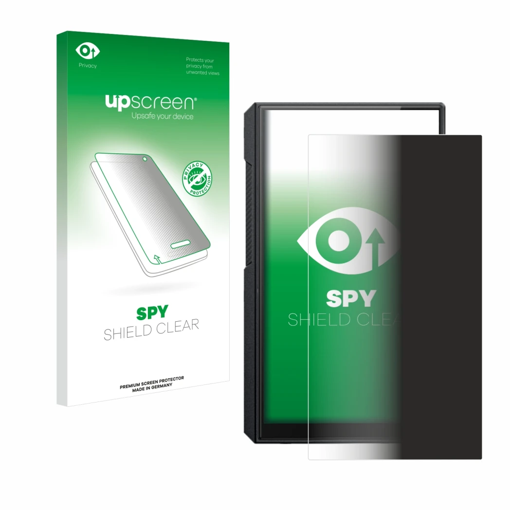 Parte frontal de un envase de producto con el logotipo de la marca upscreen. Al lado se muestra el dispositivo FiiO M11s con s