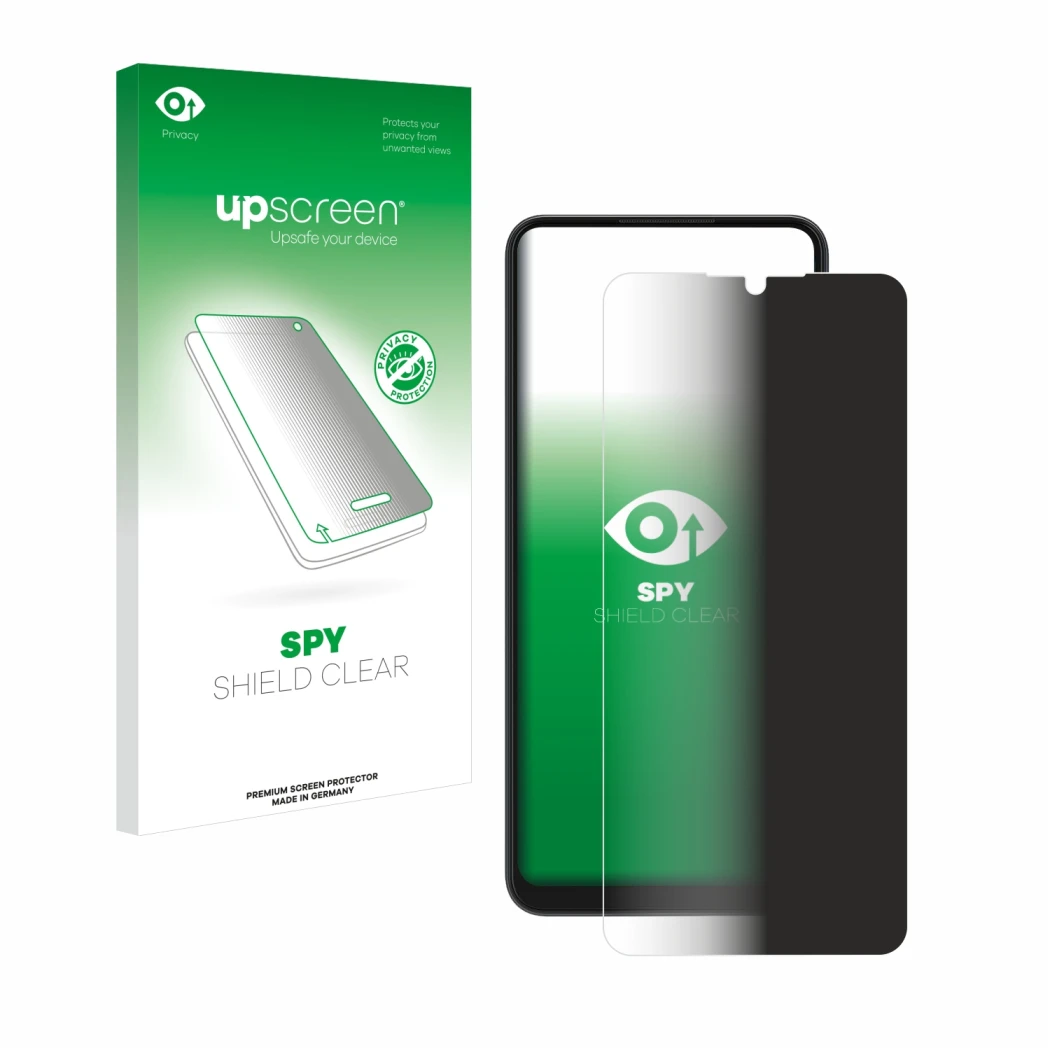 Parte frontal de un envase de producto con el logotipo de la marca upscreen. Al lado se muestra el dispositivo ZTE Blade A52 c