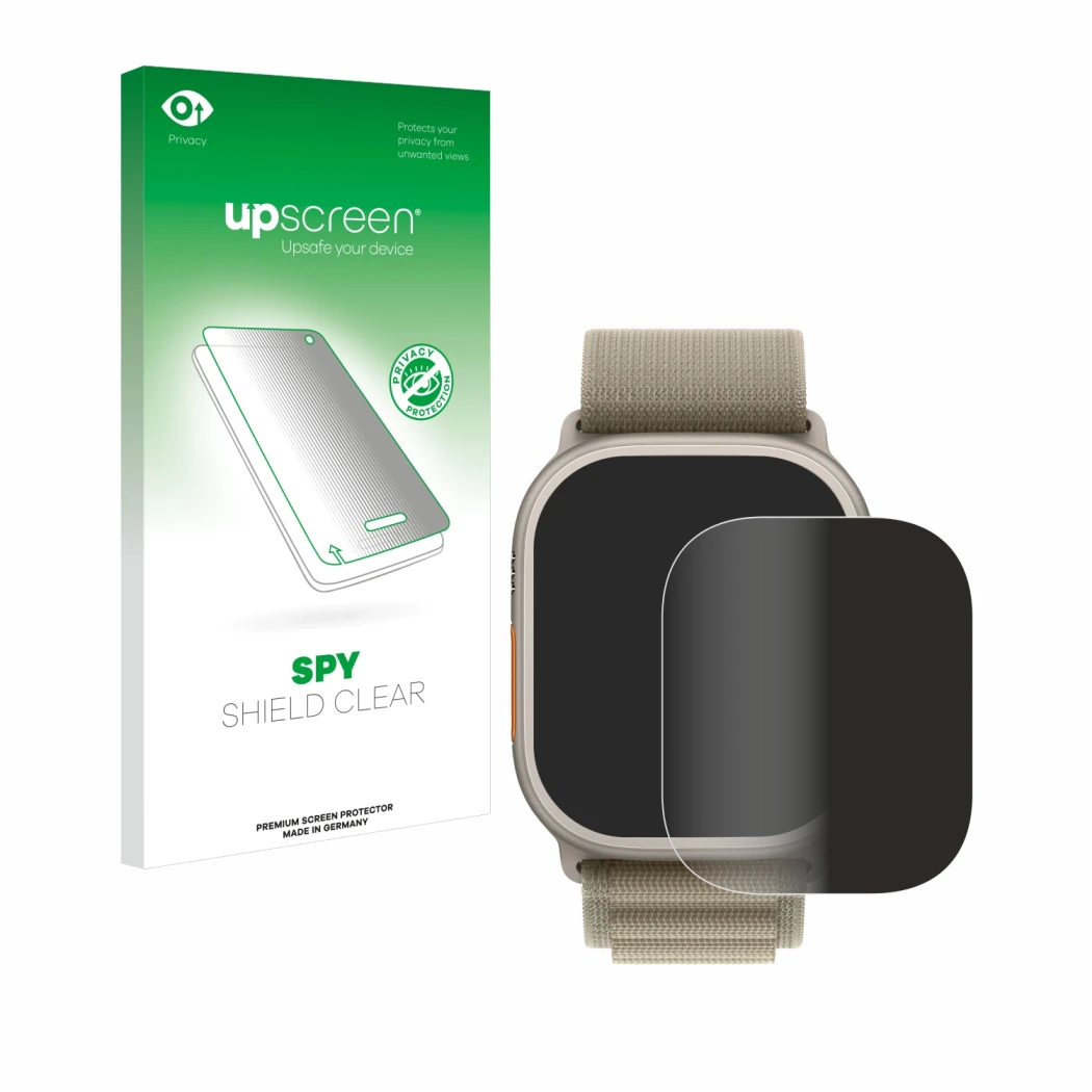 Parte frontal de un envase de producto con el logotipo de la marca upscreen. Al lado se muestra el dispositivo Apple Watch Ult