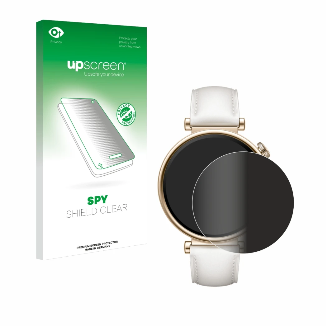 Parte frontal de un envase de producto con el logotipo de la marca upscreen. Al lado se muestra el dispositivo Huawei Watch GT