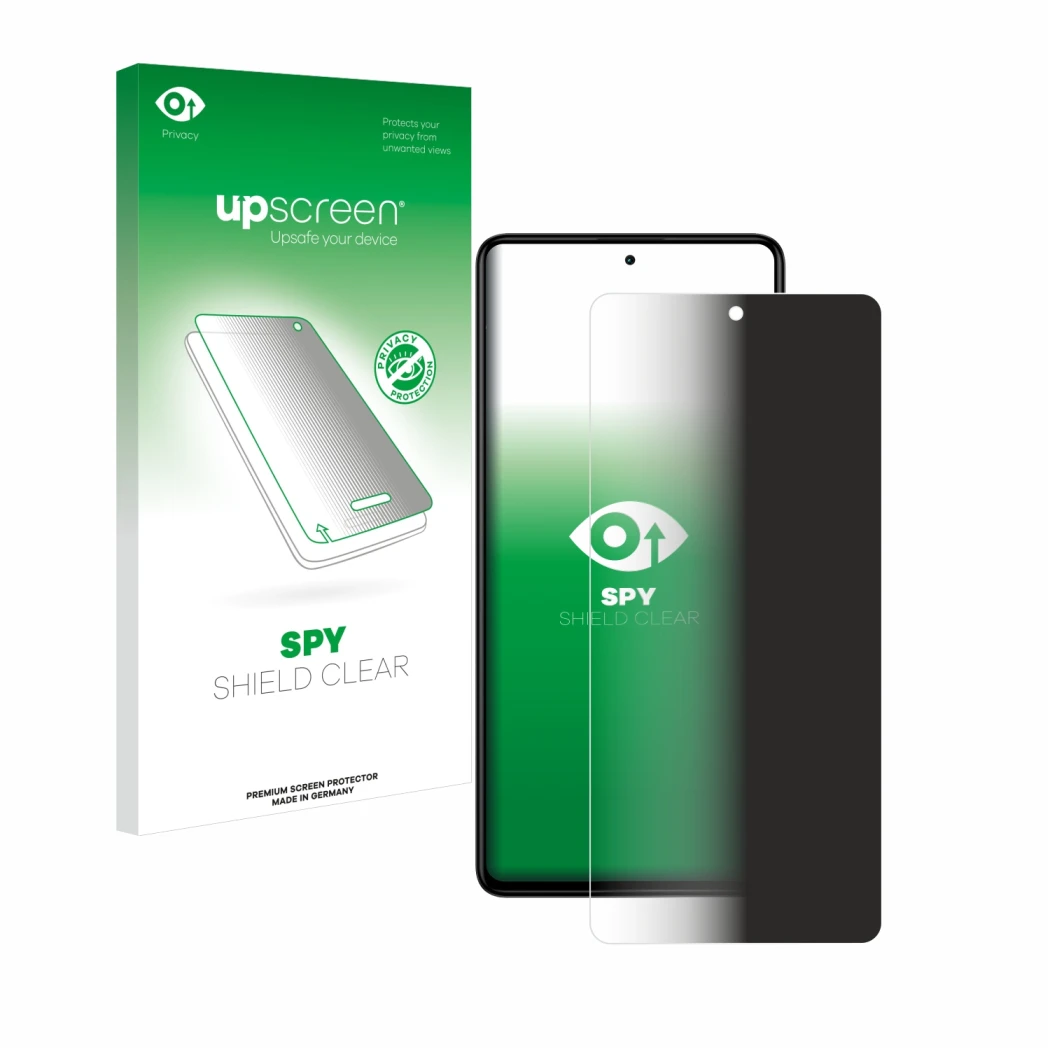 Parte frontal de un envase de producto con el logotipo de la marca upscreen. Al lado se muestra el dispositivo Xiaomi Redmi No