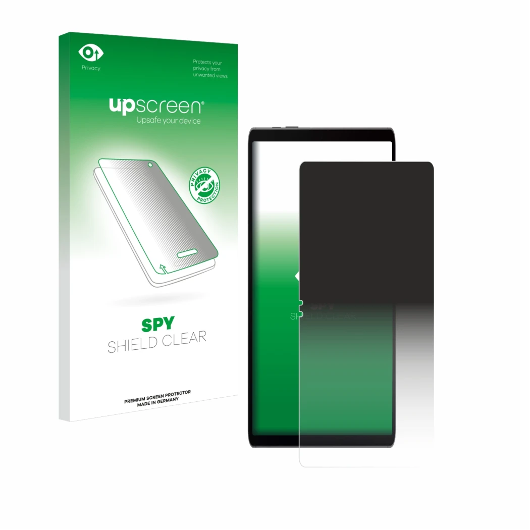 Parte frontal de un envase de producto con el logotipo de la marca upscreen. Al lado se muestra el dispositivo Samsung Galaxy 