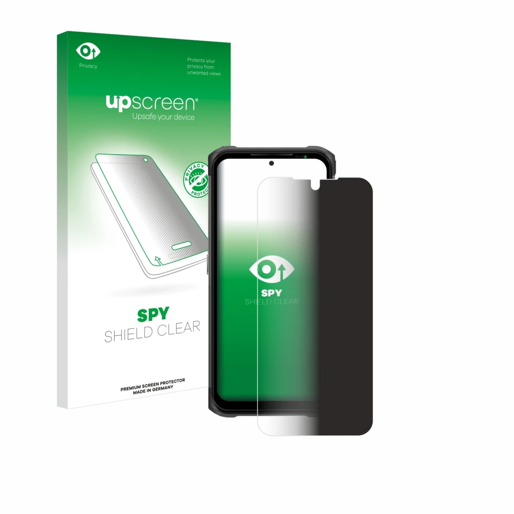 Parte frontal de un envase de producto con el logotipo de la marca upscreen. Al lado se muestra el dispositivo Ulefone Armor 1