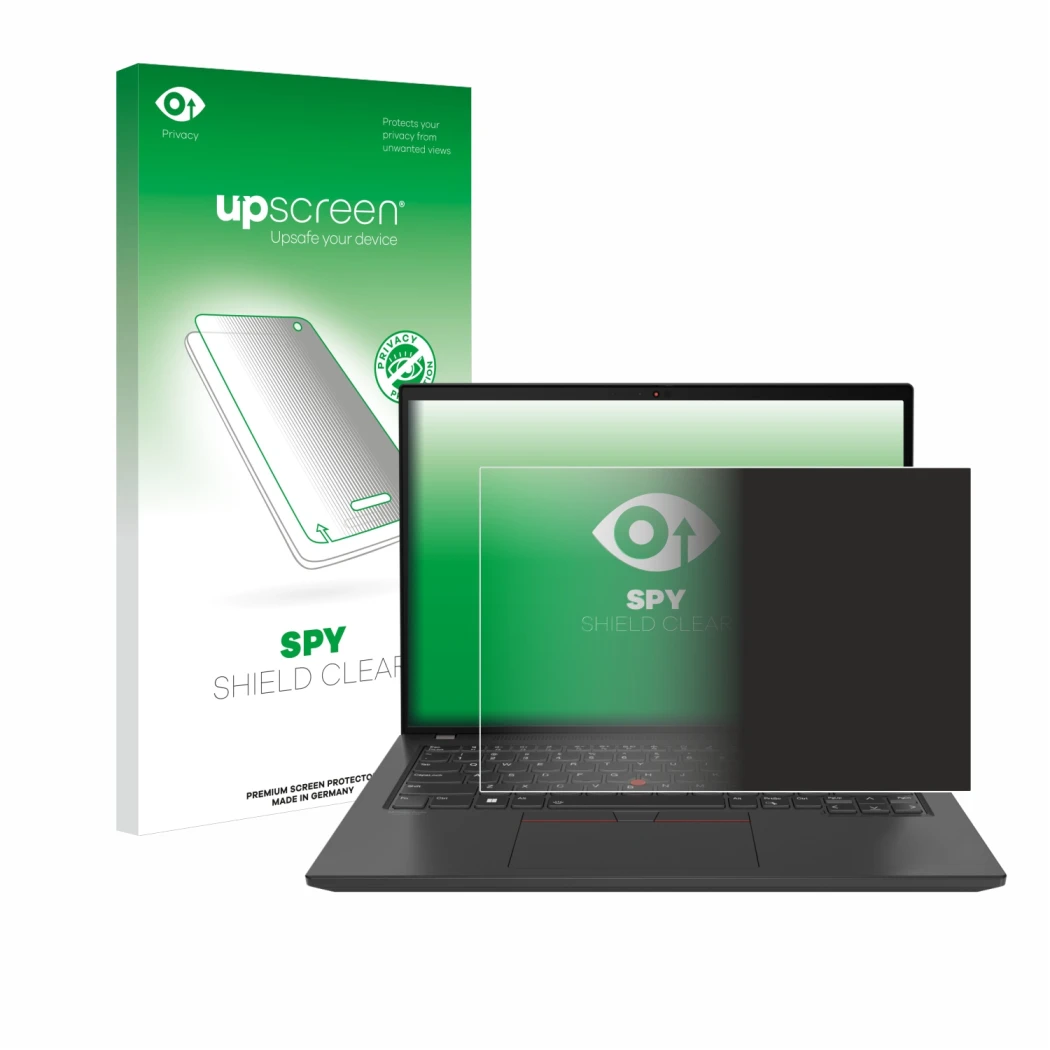 Parte frontal de un envase de producto con el logotipo de la marca upscreen. Al lado se muestra el dispositivo Lenovo ThinkPad