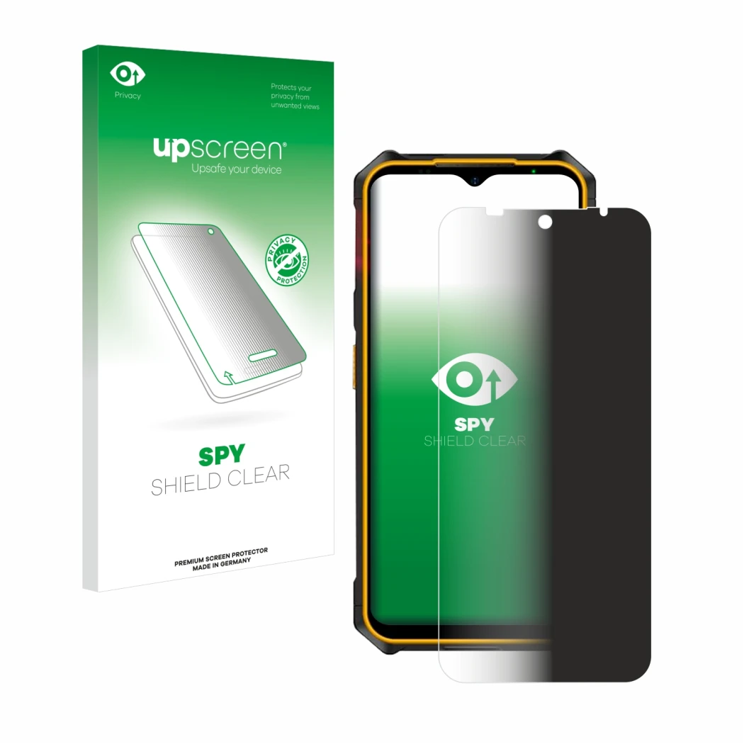 Parte frontal de un envase de producto con el logotipo de la marca upscreen. Al lado se muestra el dispositivo Ulefone Armor X