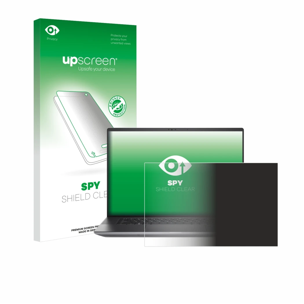 Parte frontal de un envase de producto con el logotipo de la marca upscreen. Al lado se muestra el dispositivo Dell Precision 