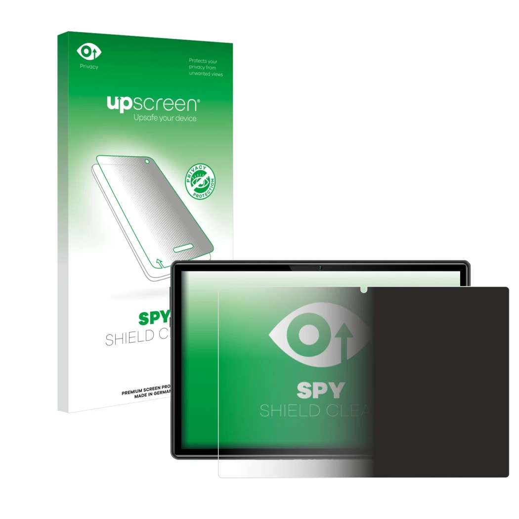 Parte frontal de un envase de producto con el logotipo de la marca upscreen. Al lado se muestra el dispositivo Doogee U10 con