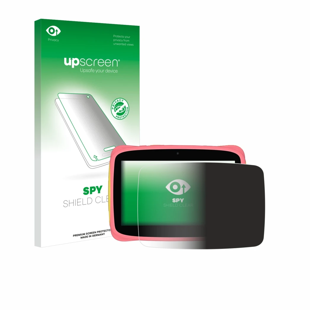 Parte frontal de un envase de producto con el logotipo de la marca upscreen. Al lado se muestra el dispositivo Blackview Tab 3