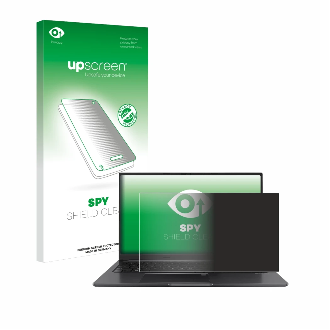 Parte frontal de un envase de producto con el logotipo de la marca upscreen. Al lado se muestra el dispositivo ASUS Vivobook 1