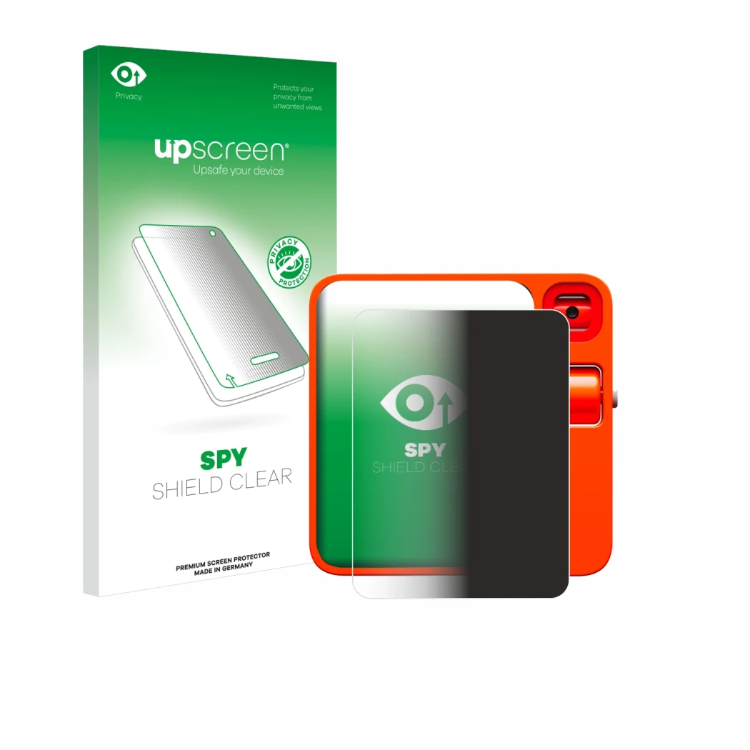 Parte frontal de un envase de producto con el logotipo de la marca upscreen. Al lado se muestra el dispositivo rabbit r1 con s